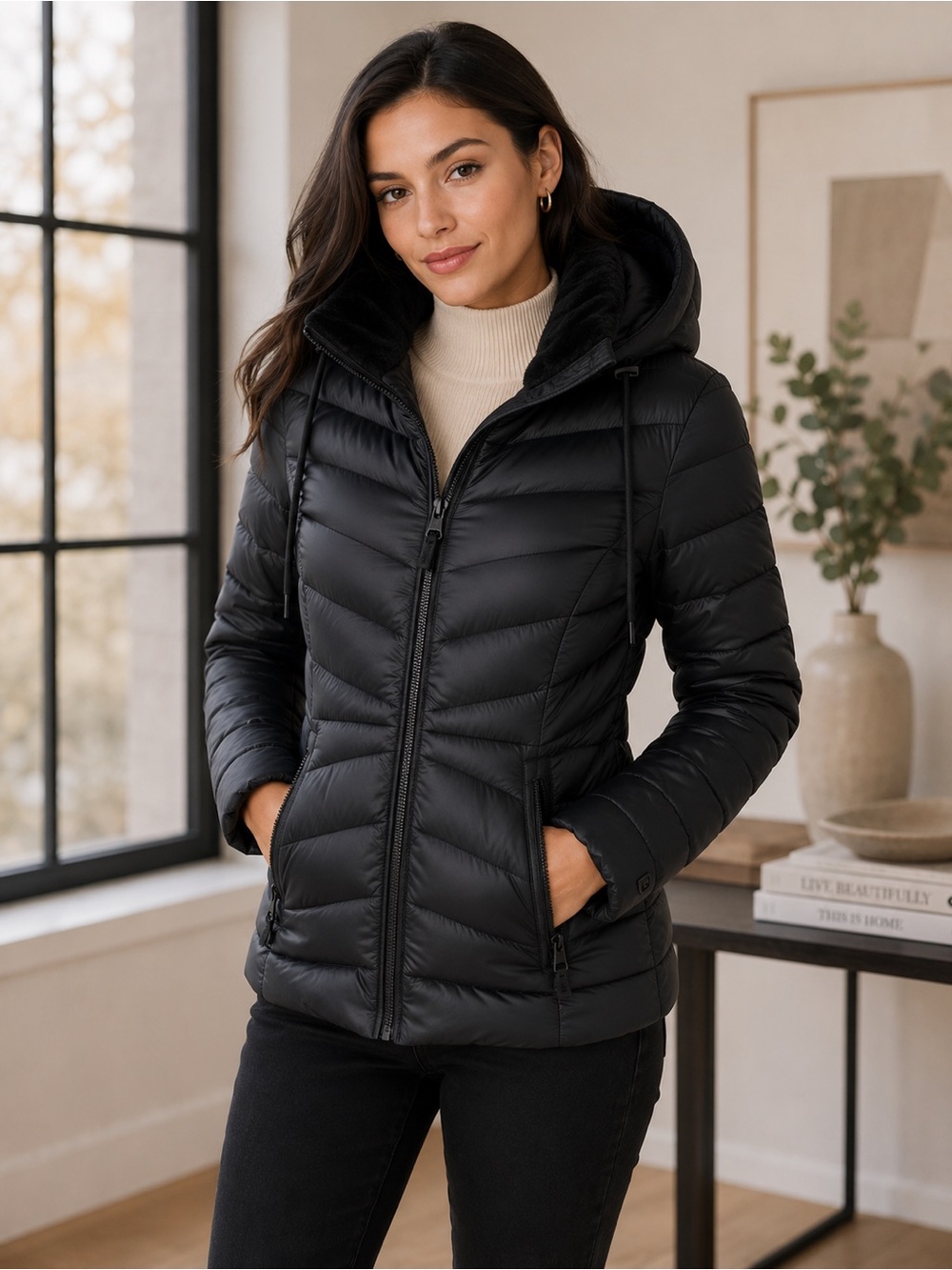 DKNY Hooded Puffer Jacket Women’s M Black Mid-Length Warm Quilted Full Zip NWT